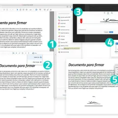 Proceso de firma digital en Adobe Acrobat Reader: se muestra cómo añadir firma y guardarla.