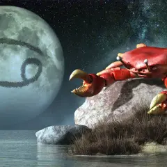Czerwony rak na skale, księżyc z symbolem Raka i nocne niebo. Ascendent w Raku.