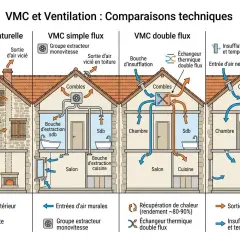 Schéma comparant 4 systèmes d'aération maison : naturelle, VMC simple flux, double flux et VMI.