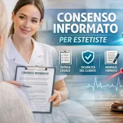 Estetista presenta un atto medico di consenso informato a una cliente. Sicurezza, tutela legale e modulo firmato.