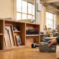 Warsztat z narzędziami i sprzętem elektronicznym. Dłoń sięga po urządzenie, które jest częścią systemu śledzenia.