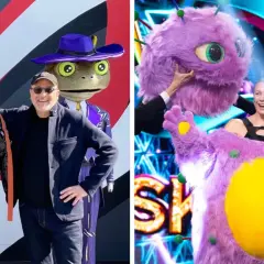 Masked Singer-deltagare i roliga dräkter, en man i hatt och en groda i kostym. På andra sidan en lila monsterdräkt med glada ansikten.