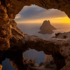 Widok z jaskini na Es Vedrà, jedną z najbardziej magicznych wysp Balearów.
