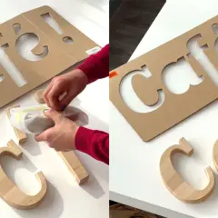 Un gabarit lettre en carton pour "café !" et des lettres en bois prêtes à être assemblées.