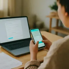 Personne utilisant un téléphone et un ordinateur portable pour gérer une réclamation Vinted.