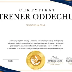 Certyfikat ukończenia kursu na trenera oddechu. Dokument potwierdza zdobycie wiedzy teoretycznej i praktycznej.