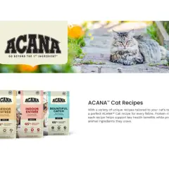 ACANA highest protein indoor dry cat food is featured alongside a fluffy cat lounging outdoors. Several ACANA cat food bags are displayed, including "Indoor Entrée.