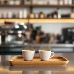 Dwie białe filiżanki parującego espresso na drewnianej tacy. Idealne proporcje dla miłośników kawy.