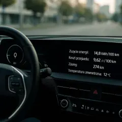 Wskaźnik pokazuje zużycie energii 14,8 kWh na 100 km, koszt przejazdu 9,62 zł/100 km i zasięg 274 km. Temperatura zewnętrzna to 12°C.