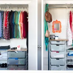 A well-organized closet with hanging clothes, folded items, shoes, and mesh drawers, showcasing a functional diy closet organizer.