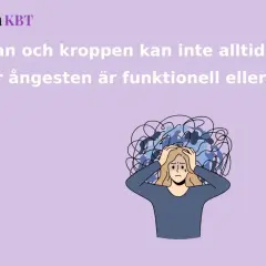 En person med händerna på huvudet, omgiven av trassliga linjer som symboliserar ångest. Texten lyder: "Hjärnan och kroppen kan inte alltid skilja på när ångesten är funktionell eller inte.