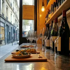 Verre à vin et petites assiettes sur le comptoir d'un bar à vin parisien, avec des bouteilles alignées sur une étagère en arrière-plan.
