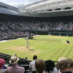 Mecz tenisowy na trawiastym korcie Wimbledonu z widownią na trybunach.