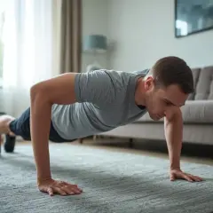 Un homme en position de gainage débutant, effectuant des pompes sur un tapis dans son salon.