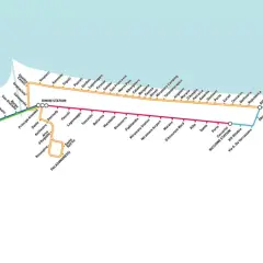 Mappa delle fermate del treno e filovie a Rimini e Riccione, con linee che collegano le stazioni e le località balneari.