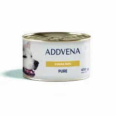 Puszka karmy dla psa Addvena Pure z koniną 100%. Na etykiecie widoczny pysk białego psa.