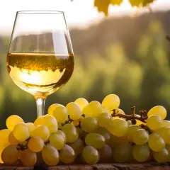 Calice di vino bianco e grappoli d'uva dorata su un tavolo di legno. Le caratteristiche del vino Lugana si riflettono nel colore ambrato e nella freschezza.