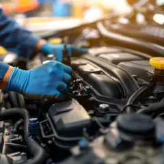 Mechanik w niebieskich rękawiczkach sprawdza silnik. Może to być związane z objawami cewki zapłonowej.