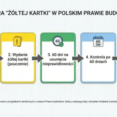 Procedura "żółtej kartki" w polskim prawie budowlanym: kontrola, wydanie kartki, 60 dni na usunięcie nieprawidłowości, kontrola po 60 dniach, postępowanie naprawcze.