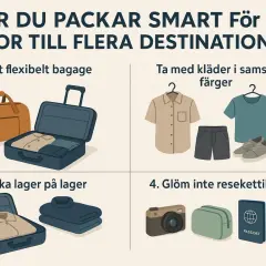 Packa smart för resor! Bilden visar hur du väljer flexibelt bagage, kläder i samstämmiga färger, packar lager på lager och inte glömmer resetillbehör som kamera och pass. Bra cykel utrustning är också viktigt!