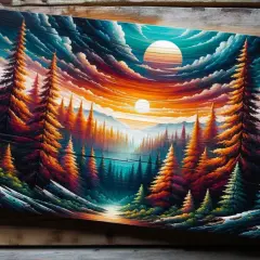 Peinture acrylique vibrante d'une forêt de pins au coucher du soleil, sur un support bois. Les couleurs chaudes et froides contrastent sur ce support bois pour peinture acrylique.