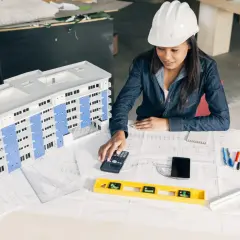 Architektka w kasku nadzoruje model budynku, korzystając z kalkulatora i planów.