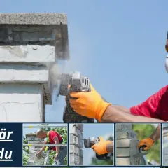 Man i skyddsutrustning renoverar en mura skorsten med vinkelslip och spackel.
