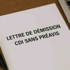 Une feuille avec "LETTRE DE DÉMISSION CDI SANS PRÉAVIS" est posée sur un bureau en bois, à côté d'un stylo et d'un ordinateur portable.