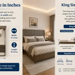 A king size bed measures 72 inches wide and 78 inches long, offering ample space for comfortable sleep.