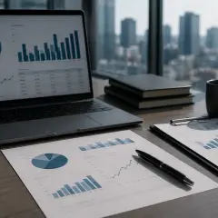 Biurko analityka finansowego z laptopem, wykresami, notatkami i kubkiem kawy. Widok na miasto w tle.