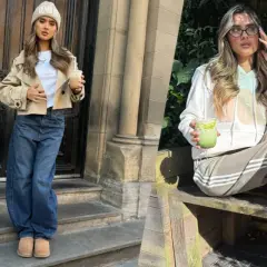 Due donne mostrano come vestono gli UGG: una con jeans larghi e giacca corta, l'altra con felpa e pantaloni sportivi.