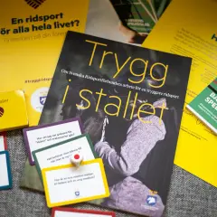 Material om trygghet i stallet, inklusive "Barnens spelregler" och kort med frågor om relationer och gränser, som en del av arbetet med anden i glaset regler.