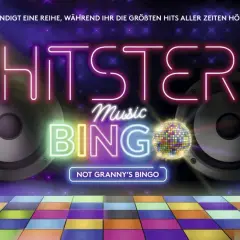 Hitster Bingo: gra, w której tworzysz linie, słuchając największych hitów wszech czasów. Kolorowa dyskoteka i głośniki tworzą atmosferę imprezy.