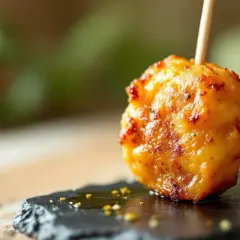 Une délicieuse sucette salée apéritif, dorée et appétissante, plantée sur un cure-dent, prête à être dégustée.