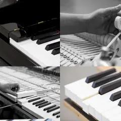 Detale budowy pianina: klawisze, młoteczki, mechanizm. Precyzja wykonania instrumentu.