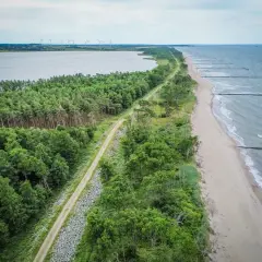 Malownicza nadmorska trasa rowerowa biegnie wzdłuż lasu i plaży, z widokiem na morze i jezioro.