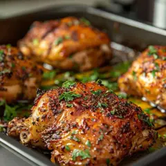 Quatre morceaux de poulet rôtis, dorés et savoureux, parsemés de persil frais. Parfait pour des recettes avec poulet.
