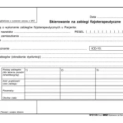 Formularz skierowania na zabiegi fizjoterapeutyczne, zawierający dane pacjenta, rozpoznanie, cel zabiegów i ich szczegóły.
