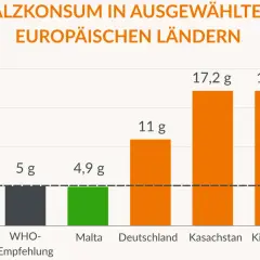 Balkendiagramm zeigt Salzverbrauch in Europa. WHO empfiehlt 5g, doch Länder wie Kasachstan und Kirgisistan verbrauchen 17,2g. Wie viel Natrium am Tag ist gesund?