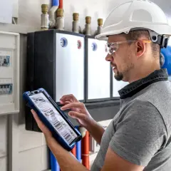 Elektryk w kasku i okularach ochronnych dokonuje przeglądu instalacji elektrycznej, korzystając z tabletu.