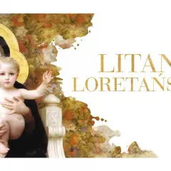 Matka Boża z Dzieciątkiem Jezus, złoty napis "Litania Loretańska" na białym tle, ozdobiony motywami kwiatowymi.
