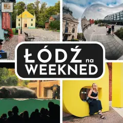 Łódź na weekend: dzieci przy pracowni haftu, słonie w zoo, rodzina przy lustrzanej rzeźbie i kobieta przy literach "Kultura". Atrakcje łódzkie dla każdego.