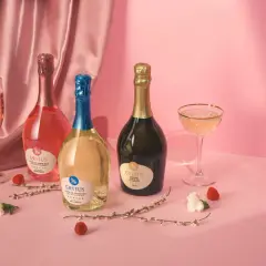 Tre bottiglie di champagne italiano, una rosata, una bianca e una dorata, con calici e decorazioni floreali su sfondo rosa.