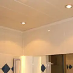 Pose lambris PVC plafond blanc, avec spots intégrés. Finition moderne et propre pour une pièce lumineuse.