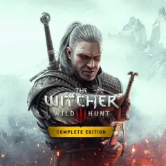Geralt z Rivii, wiedźmin, z mieczami w dłoniach, na tle gór i płomieni. Jego spojrzenie zdaje się opowiadać smutną historię braci Grossbart.