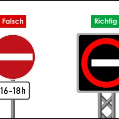 Links: Falsch, ein runder roter Schild mit weißem Balken und Zeitangabe 16-18h. Rechts: Richtig, ein rechteckiges Schild mit rotem Kreis und weißem Balken. Beide zeigen den verbot der einfahrt an.