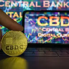 Złota moneta z napisem CBDC w dłoni, na tle ekranu z wykresem i tekstem "CENTRAL BANK DIGITAL CURRENCY".