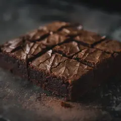 En saftig fudge brownie, uppdelad i bitar, med en härlig spröd yta.