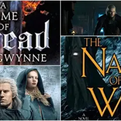 Okładki książek "A Time of Dread" i "The Name of the Wind" oraz postacie z serialu Wiedźmin. Idealne dla fanów szukających książek podobnych do Wiedźmina.