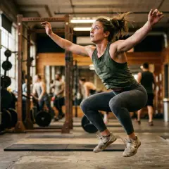 Donna in palestra esegue un salto, un esempio di allenamento HIIT.